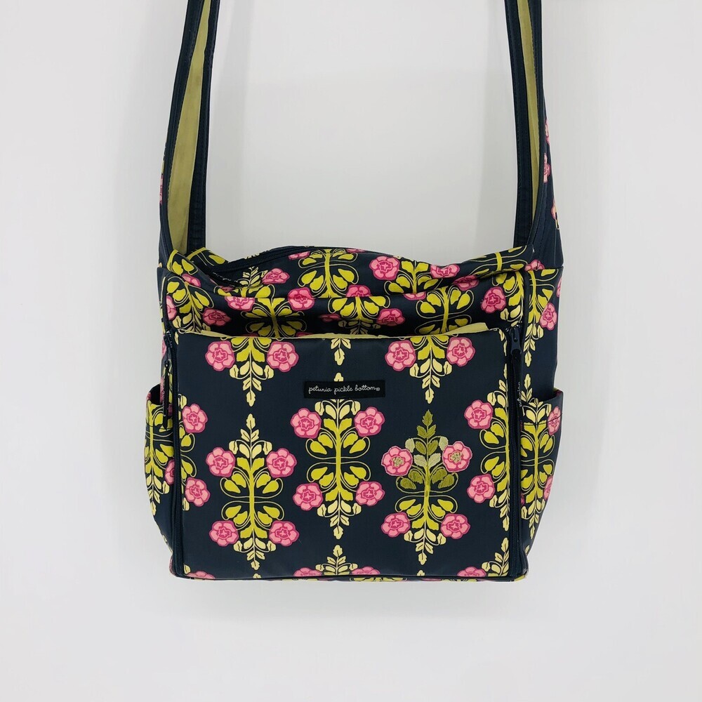 Petunia Pickle Bottom Black Green Pink Floral Shoulder Strap Diaper Bag W/ Pad